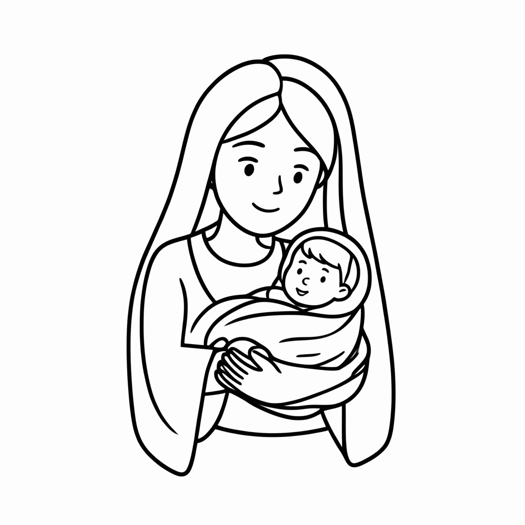 Desenho de Maria com o Menino Jesus para colorir e imprimir grátis em folha A4