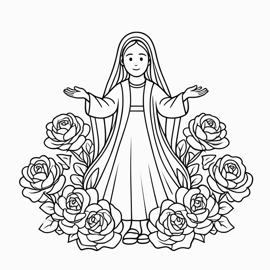Desenho de Nossa Senhora com Rosas para colorir e imprimir grátis em folha A4