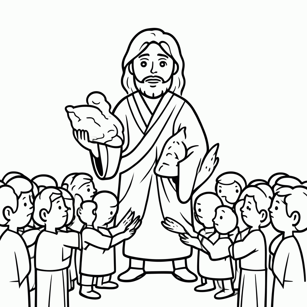 Desenho de Jesus Multiplicando Paes para colorir e imprimir grátis em folha A4
