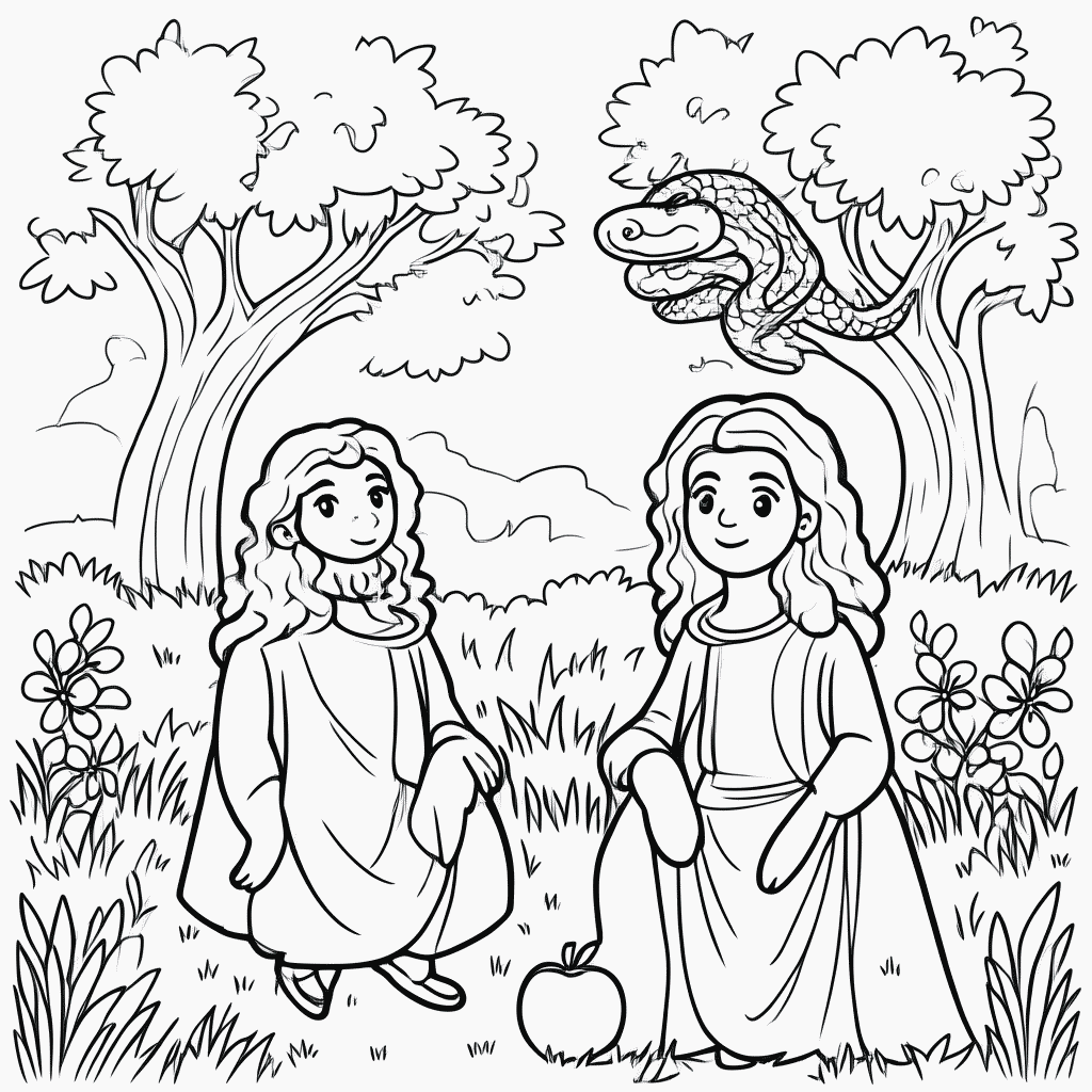 Desenho de Adao Eva para colorir e imprimir grátis em folha A4
