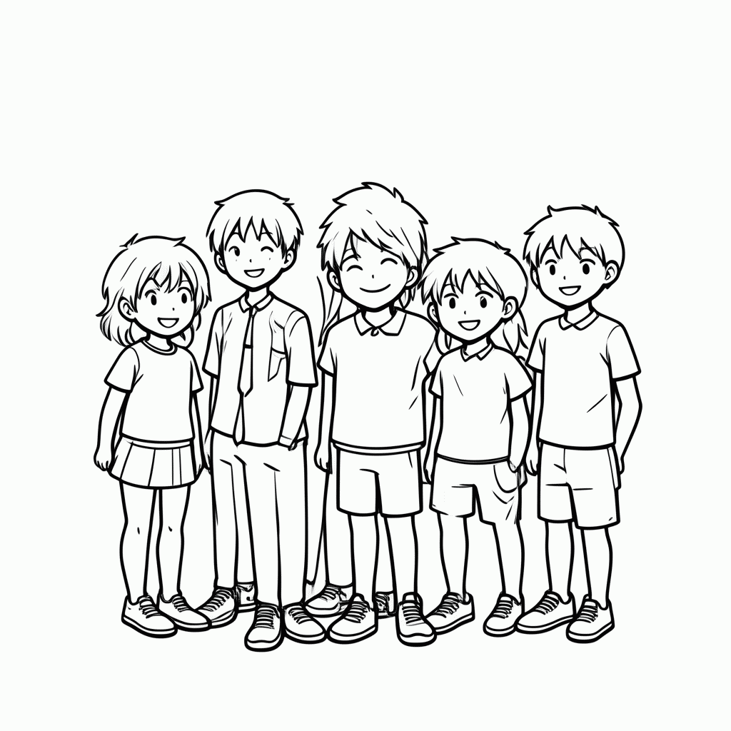 Desenho de Turma Jovem em Grupo para colorir e imprimir grátis em folha A4