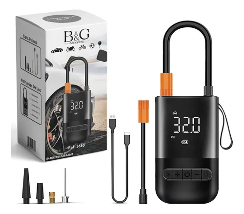 Compressor De Ar Portátil B&G Shopping Digital 80W Preto USB-C Carro Moto Bicicleta