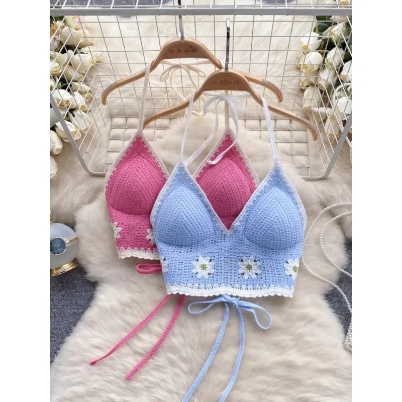 Camisola feminina sem encosto, colete de camis estilo férias, patchwork doce gancho flor, outwear pescoço pendurado, tops de colheita, sexy