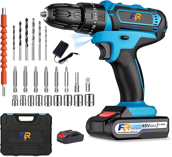 Furadeira e Parafusadeira 48V 1.3Ah Azul, Torque 35Nm, Kit Doméstico com 1 Bateria, Acessórios e Ponta Dupla, Maleta Inclusa