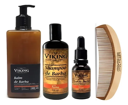 Kit Premium Barba - Óleo, Shampoo E Balm 500 Ml Pente Viking