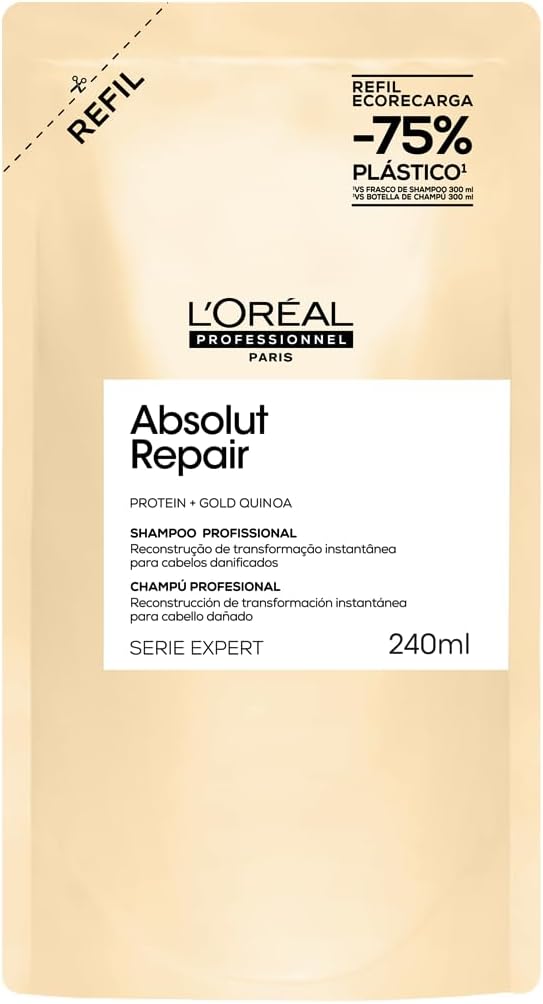 L'Oréal Professionnel Serie Expert Absolut Repair, Shampoo Reconstrutor para Cabelos Danificados e Finos Refil com Quinoa Dourada, Reparação Profunda e Brilho Intenso 240ml