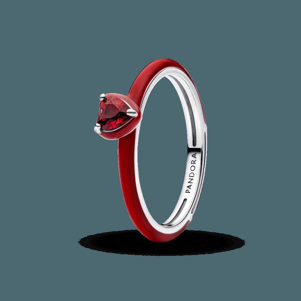 Anel De Prata Coracao E Esmalte Vermelho