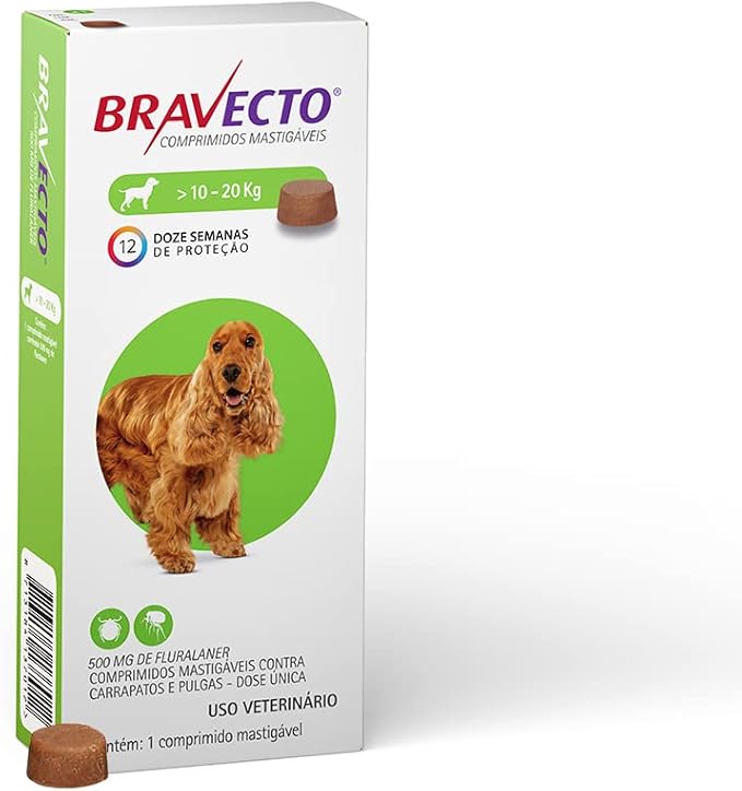 Bravecto® Cães 500mg - Antipulgas e Carrapatos - Cães de 10 a 20kg - 1 Comp. Mastigável - MSD Saúde Animal