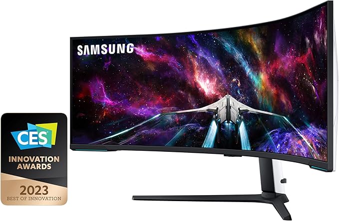 Monitor Gamer Samsung Odyssey 57" Mini LED, DUHD, 240Hz, 1ms, tela super ultrawide, HDMI, Display Port, USB, Freesync Premium Pro, com ajuste de altura, branco, série Neo G9
