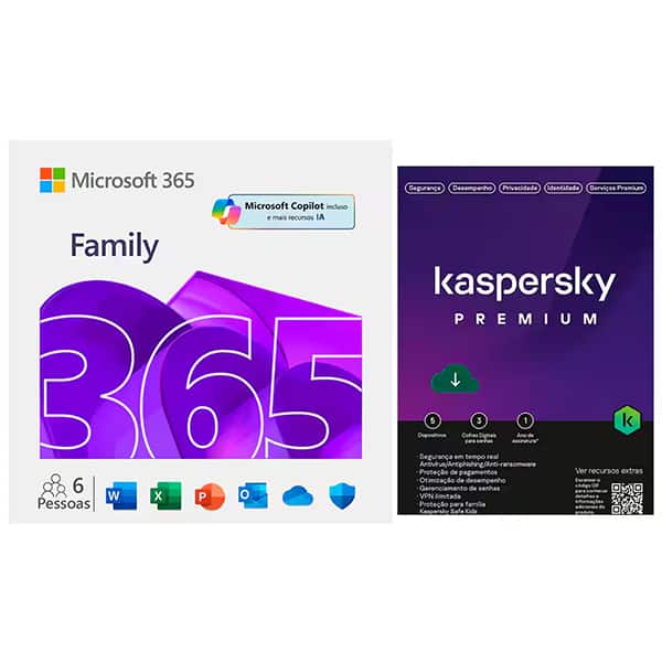 Microsoft 365 Family com Copilot: 1 licença para até 6 usuários Assinatura 12 meses e Kaspersky Antivírus Premium para 5 dispositivos Licença 12 meses - Digital para DOWNLOAD 1 UN