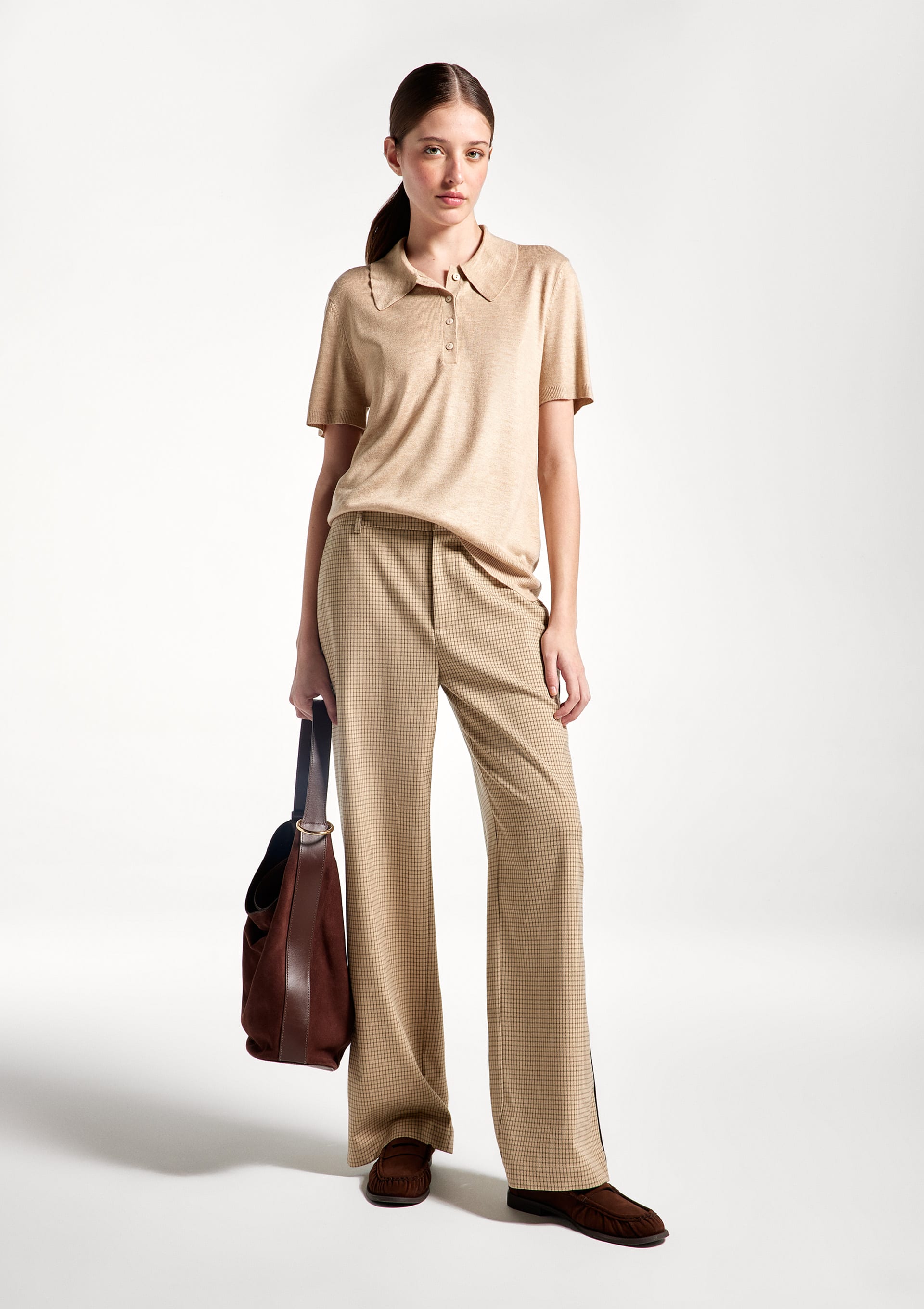 Polo Feminina Manga Curta Em Tricô Mesclado - Vermelho