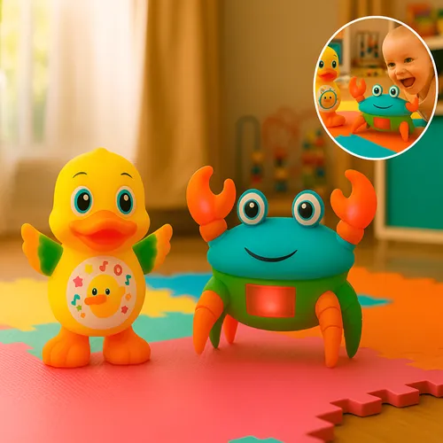 Kit Brinquedo Pato Dançante E Caranguejo Fujão Infantil Com Música Luz Movimento Educativo Combo Patoguejo Ligeiro
