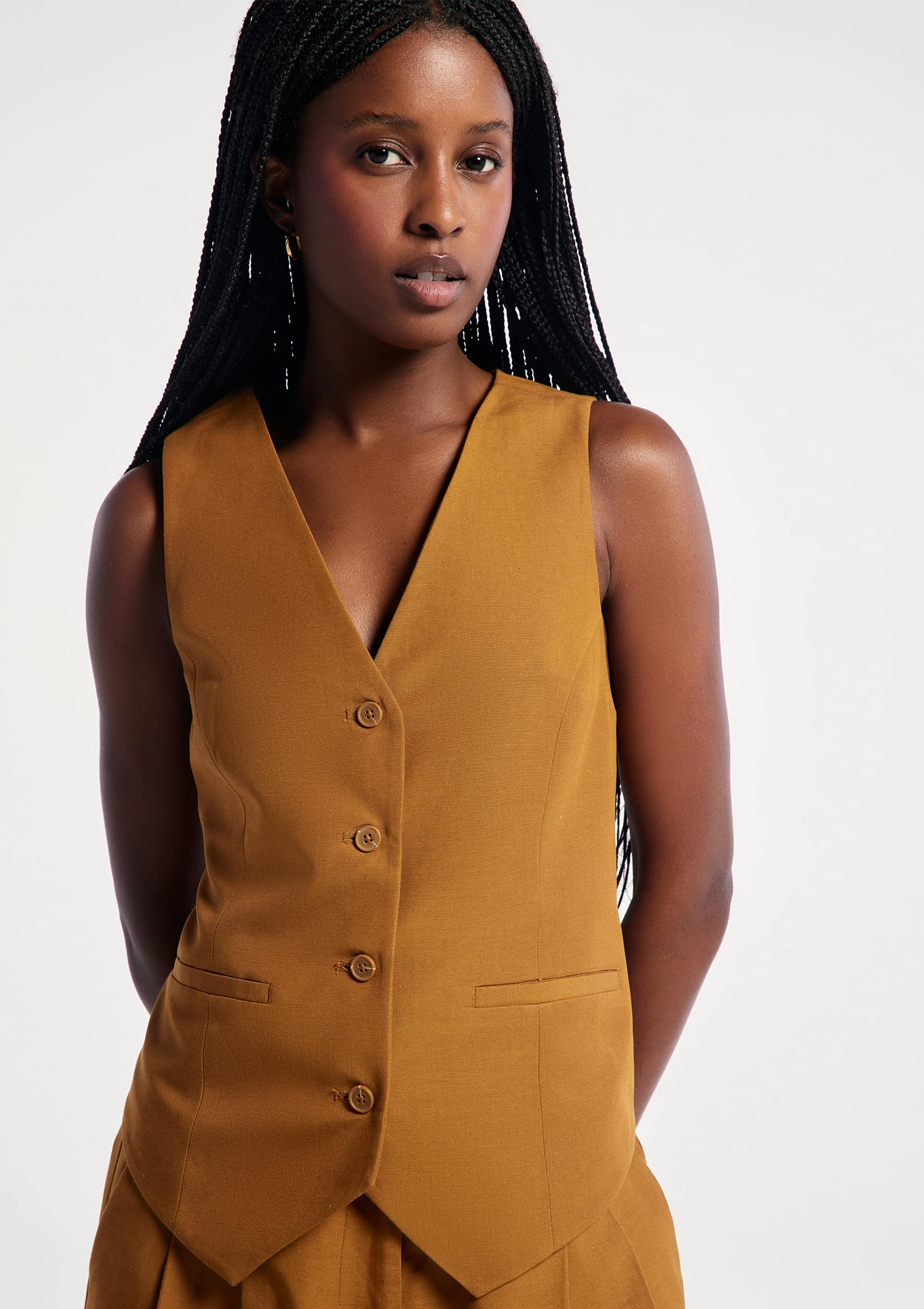 Colete Feminino Decote V Com Linho - Marrom