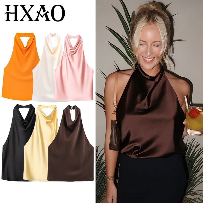 Hxao topo feminino halter cetim feminino topos sem costas espartilho colete amarelo rosa preto verão elegante sexy topos tanque vestidos