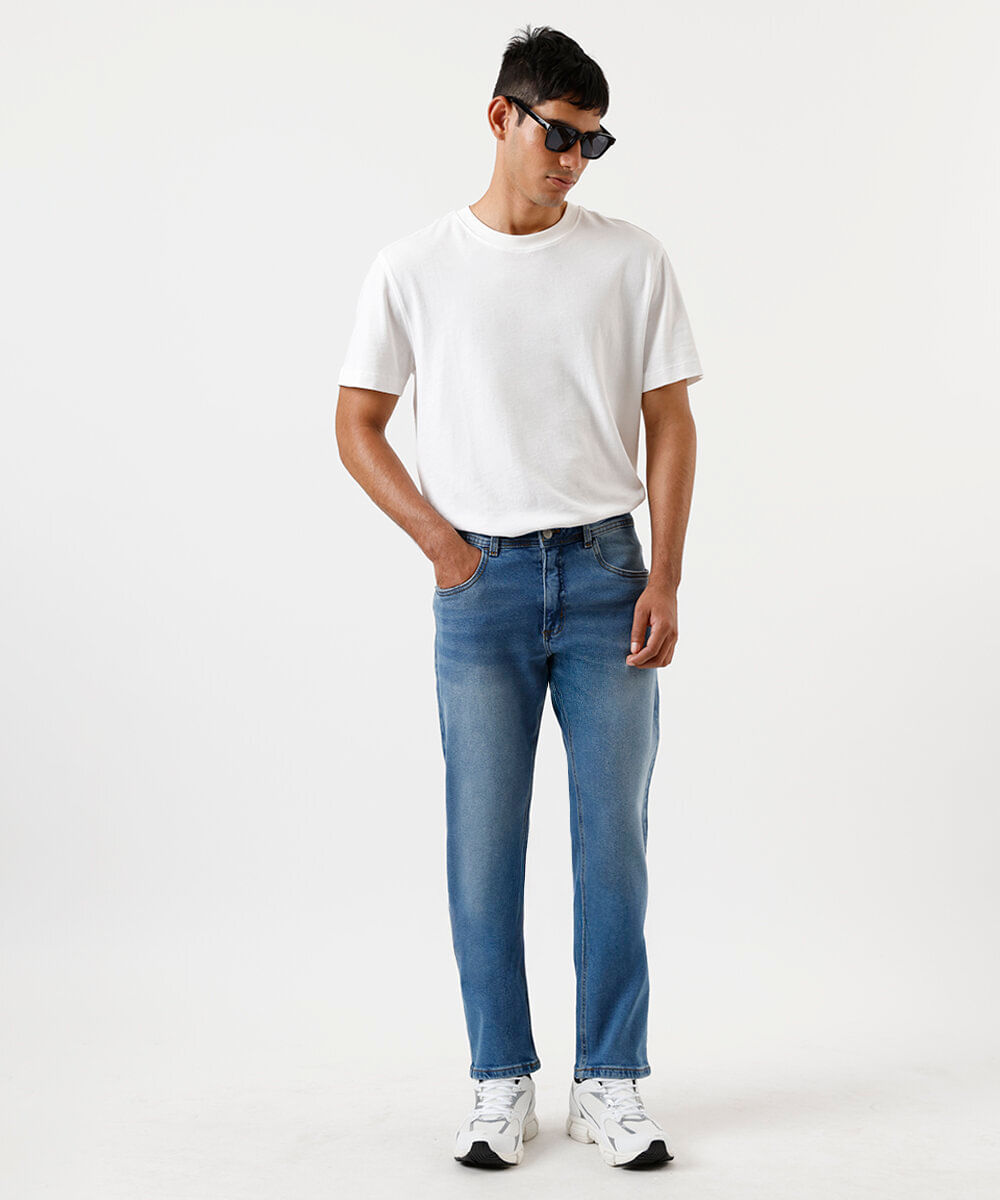 calça reta masculina jeans azul