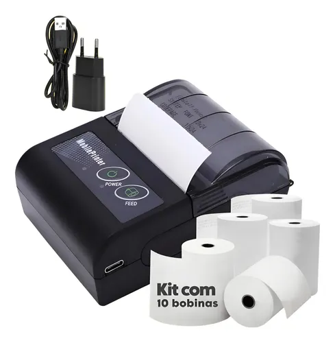 Mini Impressora Portatil Bluetooth Pequena Kit C/ 10 Bobinas Aplicativo Comanda Qr Code Iget
