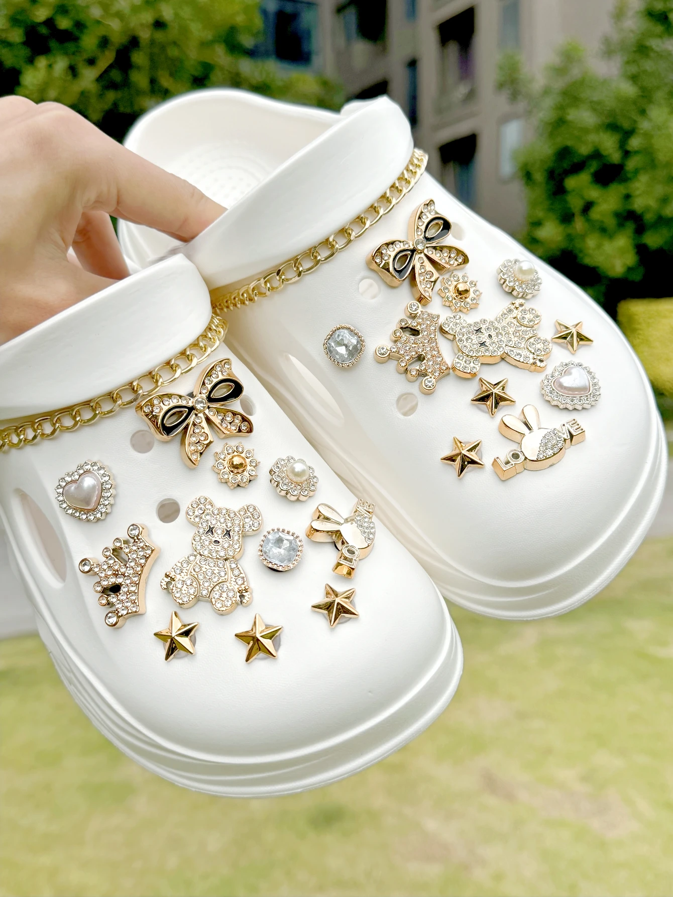 24 peças sapatos de crocodilo com coroa de arco de urso banhado a ouro acessórios de sapato diy ideias exclusivas para presentes de feriado