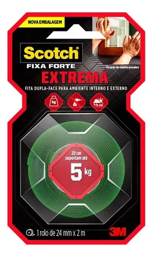 Fita Dupla Face Scotch Fixa Forte Branca 2m x 24mm Suporta 5kg