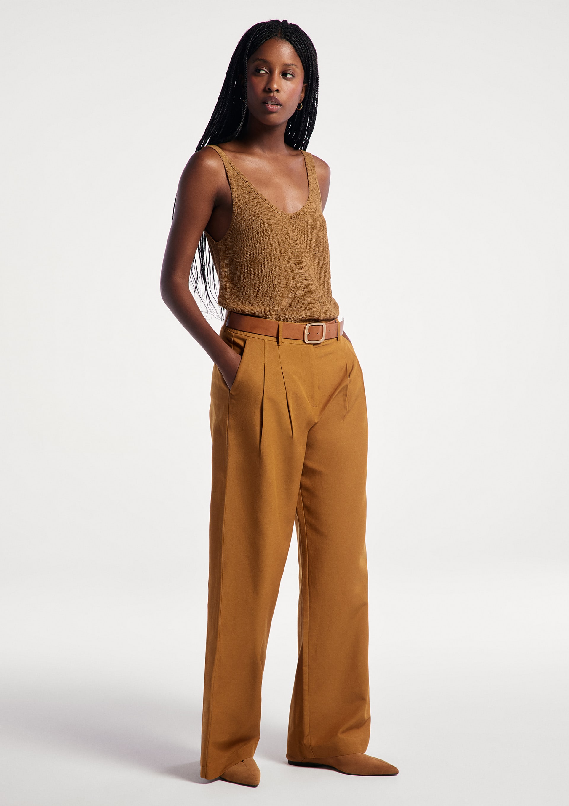 Calça Feminina Cintura Média Com Linho - Marrom