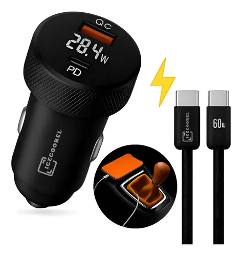 Kit Carregador Veicular Turbo 60w Usb-c Automotivo Carro Usb iPhone Android Tomada Carro Voltímetro Display Led Cinzeiro Extensao Saídas Preto Ice Coorel