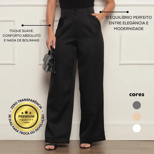 Calça Alfaiataria Feminina Wide Leg Social Cintura Alta