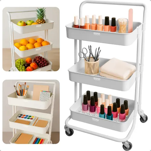 Carrinho Organizador Cesto Auxiliar 3 Prateleiras Divisória Multiuso Com Roda E Alça Manicure Fruteira Pintura Cozinha Escritório Banheiro Cor Branco Irsina