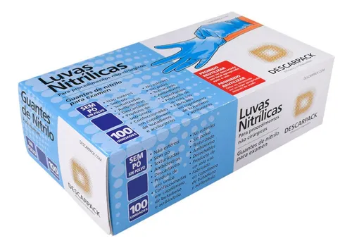 Luvas descartáveis antiderrapantes Descarpack Luva Nitrilica cor azul tamanho M de nitrila x 100 unidades
