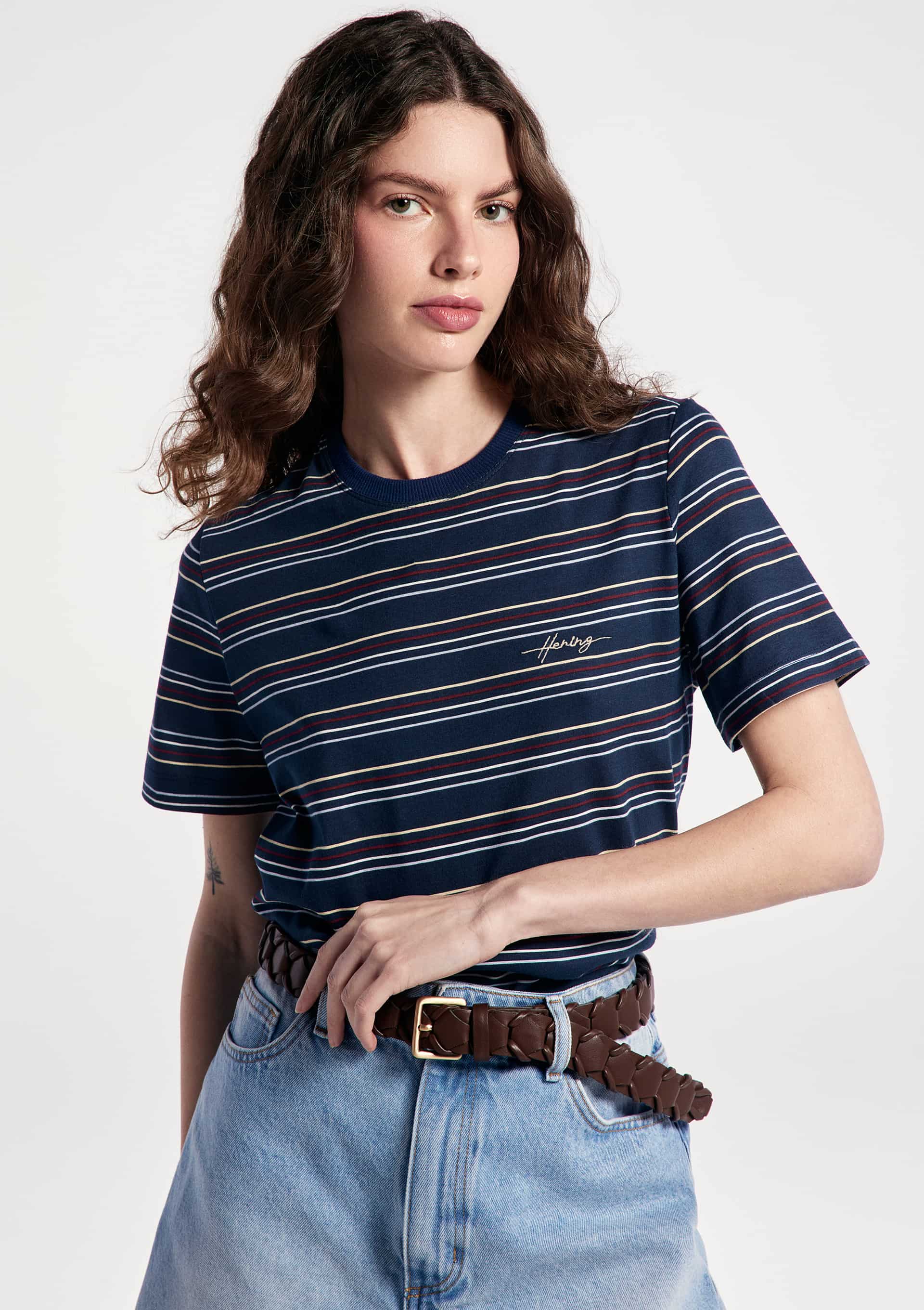 Camiseta Feminina Manga Curta Listrada - Azul