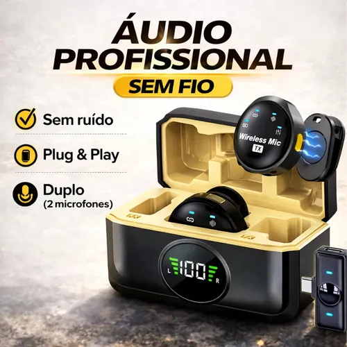 Microfone Lapela Sem Fio Duplo Para Celular Android iPhone USB-C Áudio Profissional Redução De Ruído