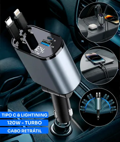 Carregador Veicular Automotivo 12v Com Cabo Retrátil Para Carros Caminhão Plug Acendedor Carga Rápida 120w 80cm Adaptador Isqueiro Tipo-c E Ios Entrada Usb Charger Turbo 4 Em 1 Carregador Veicular Par