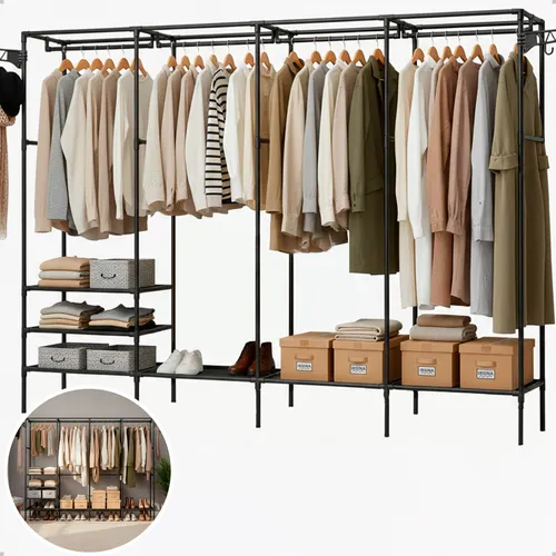 Guarda Roupa Cabideiro Organizador Closet Aberto Desmontavel Arara Divisórias 10 Prateleiras Aço Resistente Preto Irsina