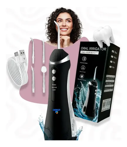 Irrigador Limpador Bucal Oral Elétrico Portátil Premium Jato Agua Com 4 Bicos E 3 Modos Preto - Crowley