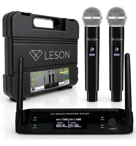 Microfone Sem Fio Duplo Leson Fx1200 Dinâmico Digital Igreja Profissional Uhf Com Maleta