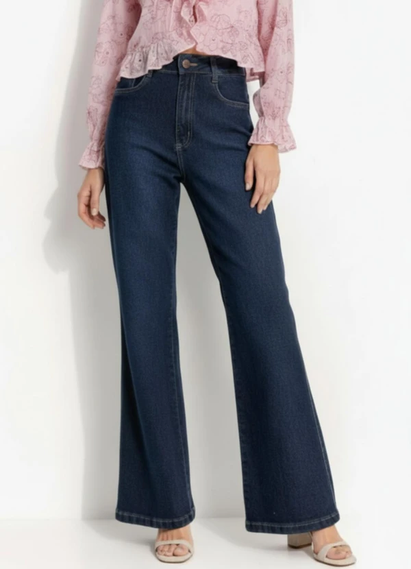 Quintess - Calça Wide Leg Jeans Azul Escuro em Jeans