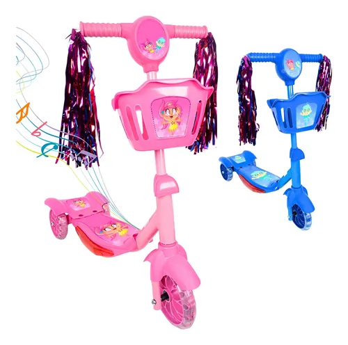 Patinete Infantil 3 Rodas Com Led Som E Cesta Menino Menina Cor Rosa