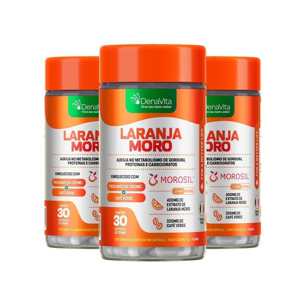 Kit 3x Pote de Extrato de Laranja Moro Cromo Café Verde 3x1 Vegano Denavita