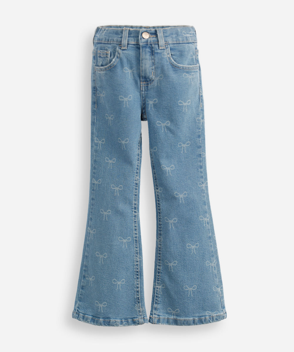 calça flare infantil jeans lacinho azul