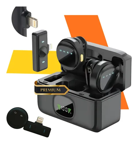 Microfone Lapela Redondo Imã Sem Fio Preto Duplo Anti Ruído Lightning Para iPhone 11 12 13 14 Transmissão Estável Longo Alcance Estojo Carregamento Gravação Vídeo Criadores Conteudo Preto Ice Coorel