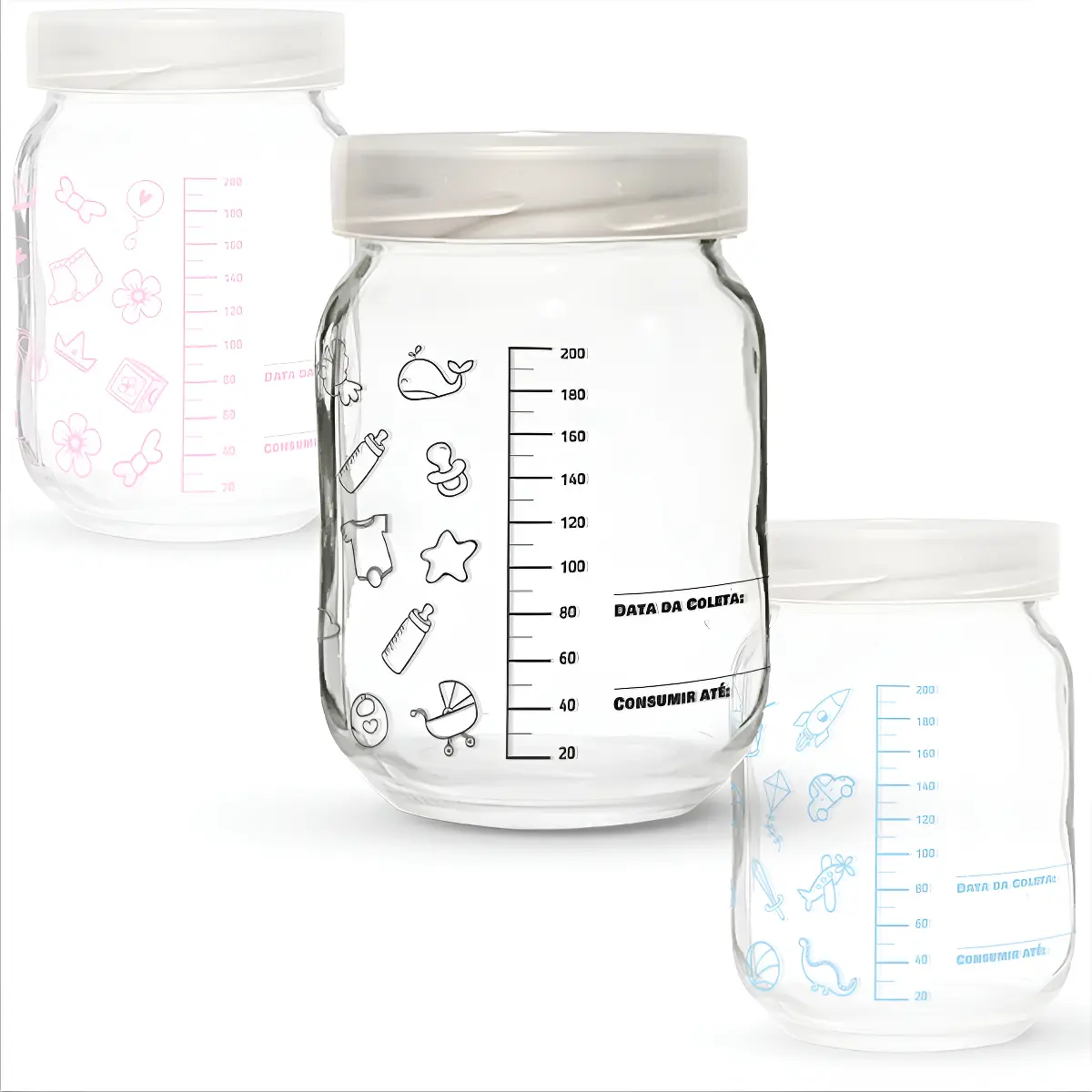 6 Frascos / Potes Vidro P/ Leite Materno - Graduação 200ml