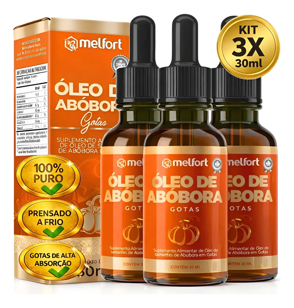 Kit 3x Óleo De Semente De Abóbora Em Gotas 100% Pura 3x30ml Sem Sabor