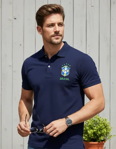 Camisa Camiseta Pólo Piquet Masculina  Brasil Copa Básica Azul-marinho Cbf01 G1