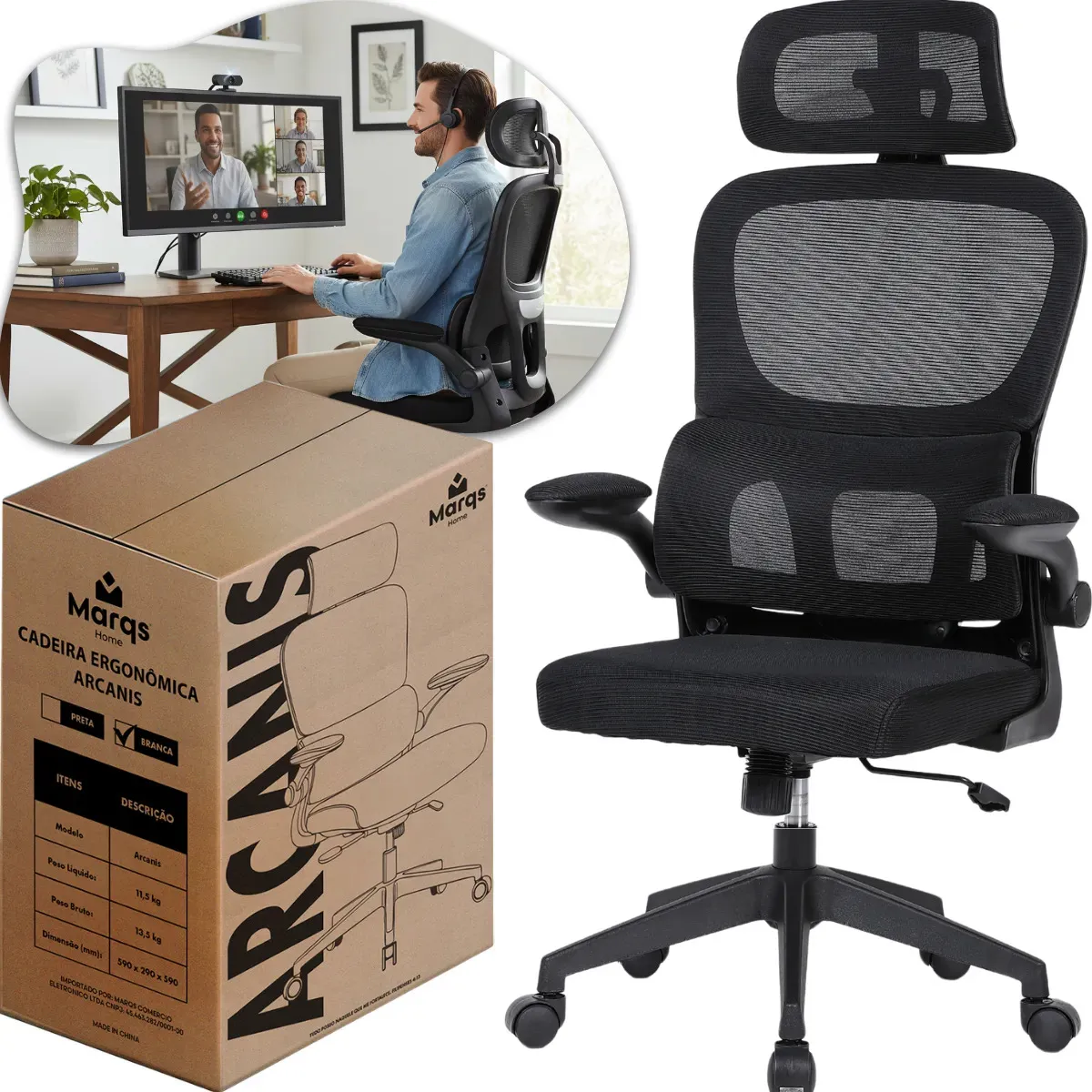Cadeira Escritório Presidente Ergonômica NR17 Marqs Home Arcanis Preta com Apoio Lombar e Encosto Mesh Premium