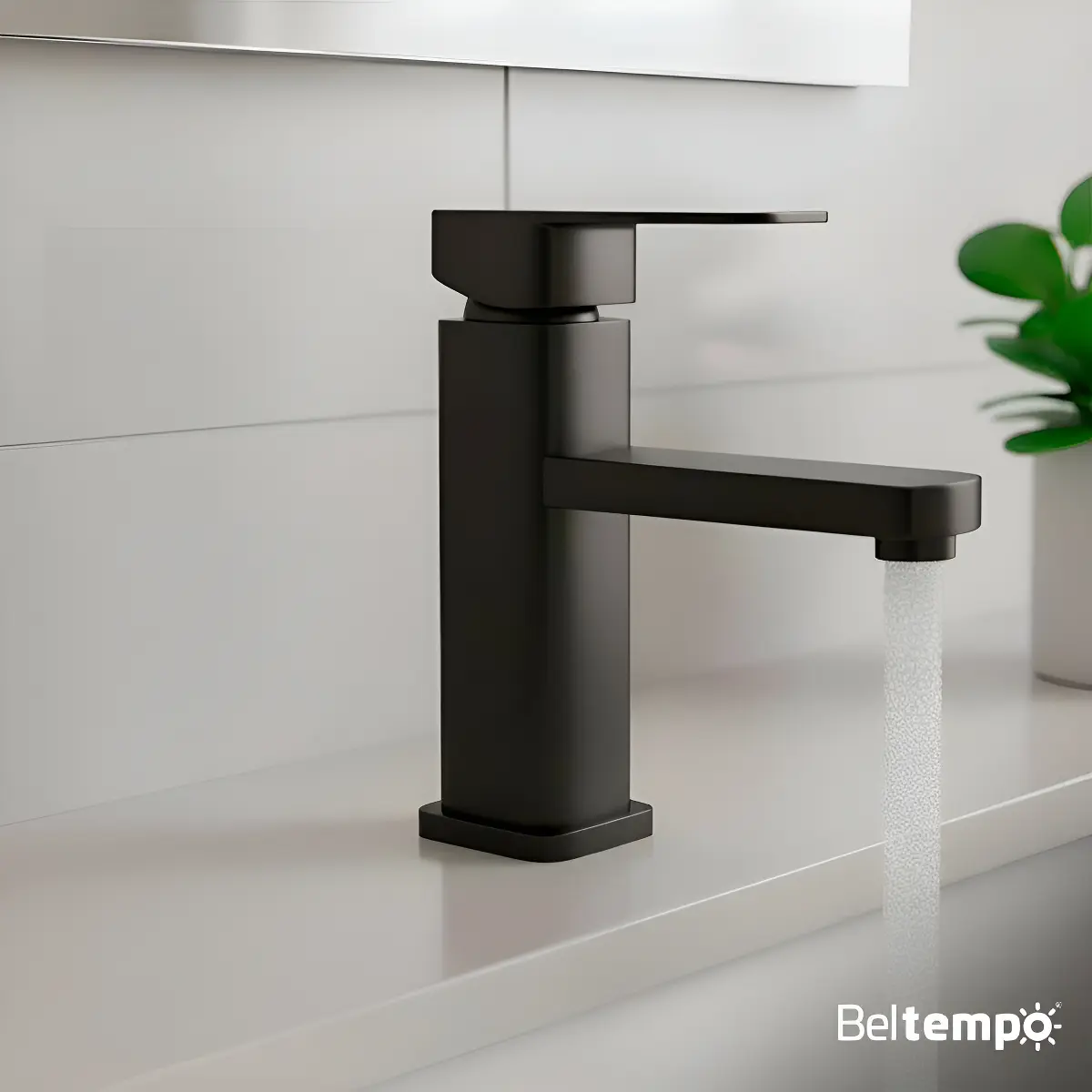 Torneira para Banheiro Lavabo Bica Baixa Bancada Quadrada Inox e ABS Preta Fosca Beltempo