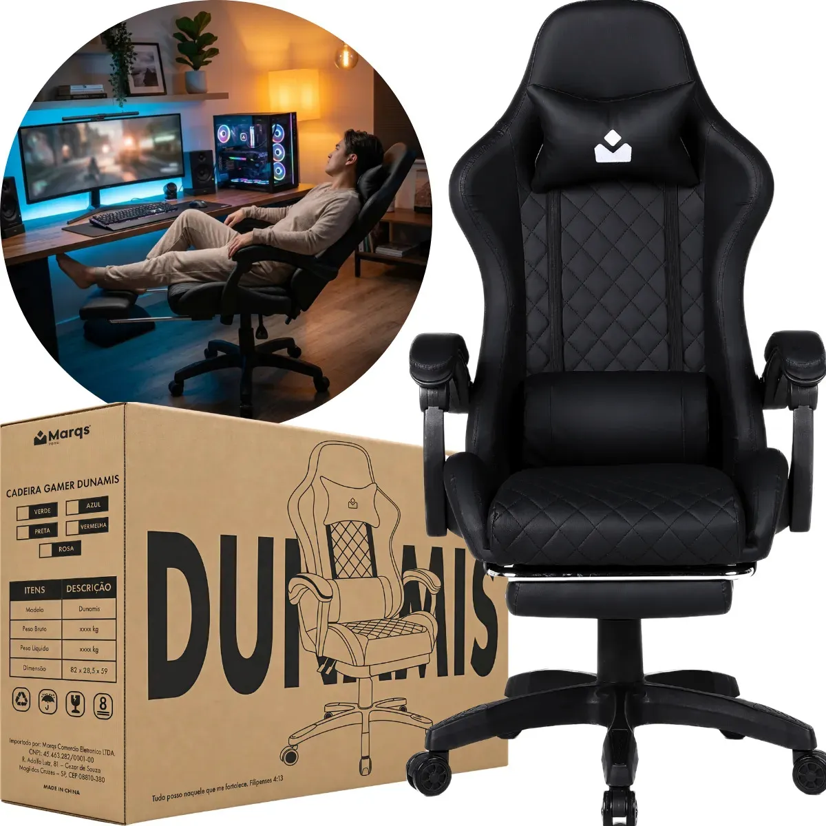 Cadeira De Escritorio Gamer Ergonômica Dunamis Preta Marqs Home Reclinável 180kg Resistente Giratória Confortavel Computador