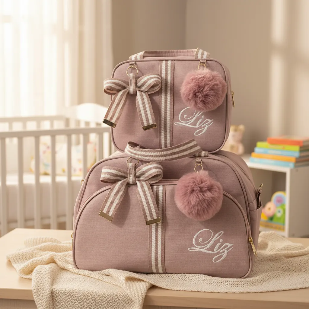 Bolsas Maternidade Média E Pequena Personalizada Com Nome Rose Linho