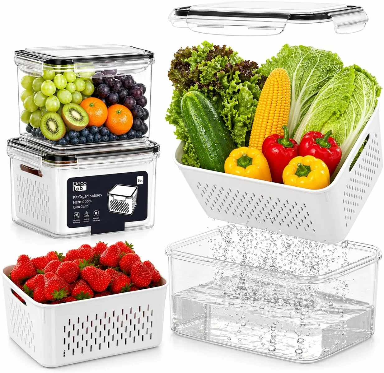 Decolab Kit 3 Potes Herméticos MaxFresh® com Cesto Interno Removível, Organizador para Cozinha e Geladeira, Multiuso, Porta Mantimentos Gerais, Plástico BPA Free