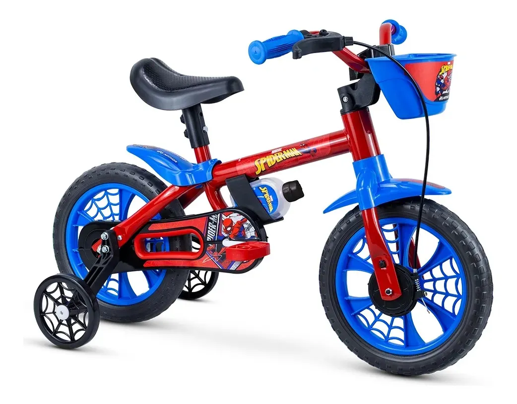 Bicicleta Infantil 25 Anos Nathor Homem-aranha Aro 12 Azul/vermelho Com Rodinhas De Treinamento, Selim Ajustável E Freio A Tambor Xs