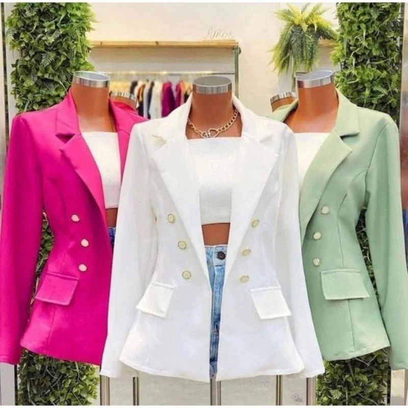 Blazer Feminino Casaquinho Maxi Longo Sobretudo Alfaiataria Social Blazer Com Botão