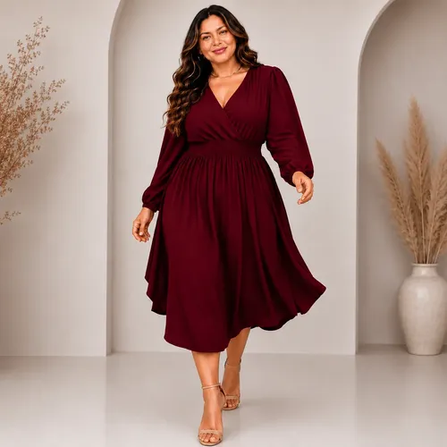 Vestido Feminino Plus Size Manga Comprida Moda Evangélica Marsala G1
