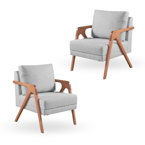 Kit 2 Poltronas Decorativa Mona Luxo Linho Bege Claro e Base Madeira Maciça